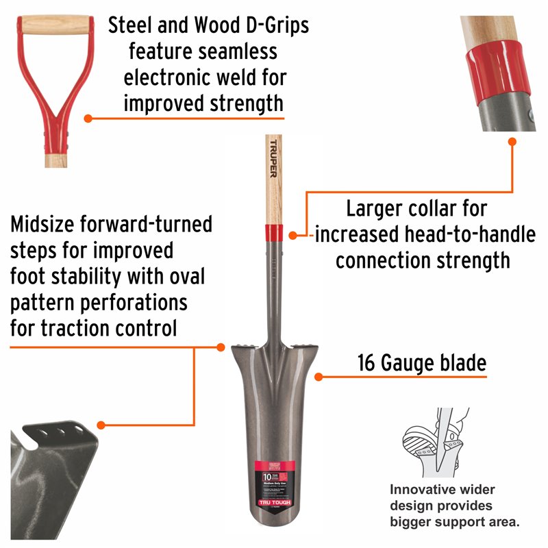 16 Drain Spade 31 Wood Handle Steel D-handle Midsize Steps