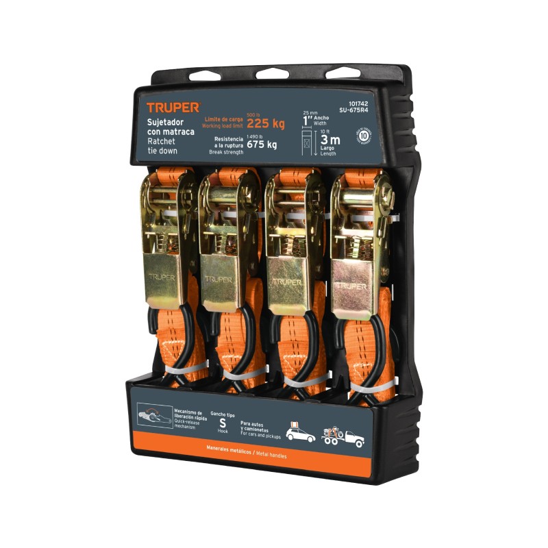 4pc Ratchet tie down set, 1480lb máx cap